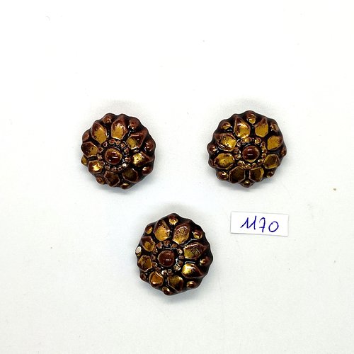 3 boutons en céramique couleur marron / cuivré - fleur - 24mm - bri1170