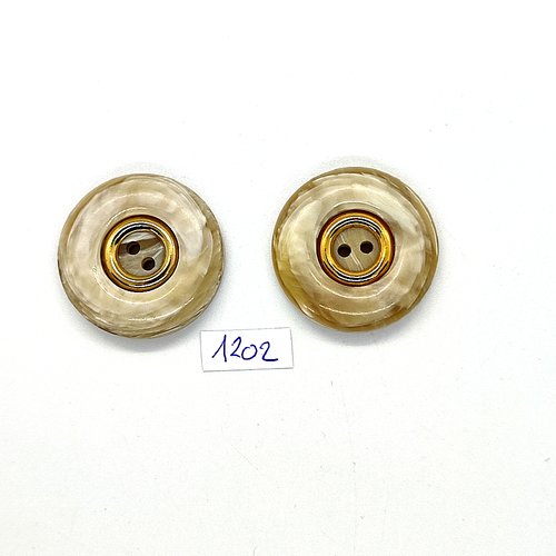 2 boutons en résine beige et doré - 30mm - bri1202
