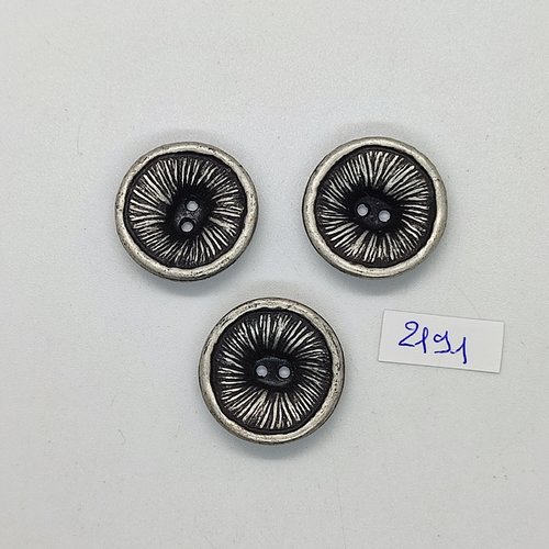 3 boutons en métal argenté et noir - 23mm - tr2191