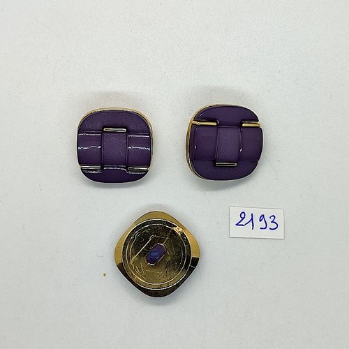 3 boutons en résine lilas foncé et doré - 22x22mm - tr2193