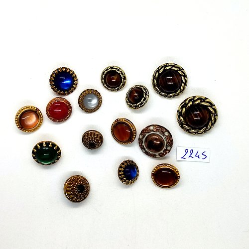 15 boutons en résine doré et multicolore - taille et modèle différent - tr2245