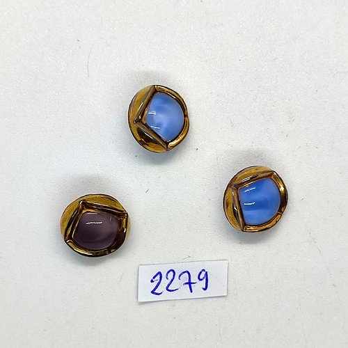 3 boutons en résine doré et verre bleu / lilas - 13x13mm - tr2279
