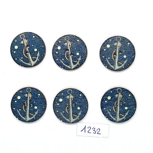 6 boutons fantaisies en bois fond bleu - une ancre - 25mm - bri1232