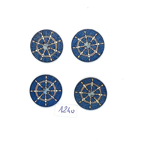 4 boutons fantaisies en bois fond bleu - un gouvernail - 25mm - bri1240