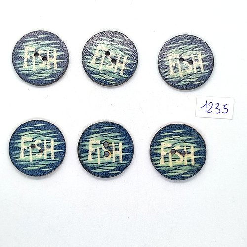 6 boutons fantaisies en bois fond bleu et blanc - fish - 25mm - bri1235