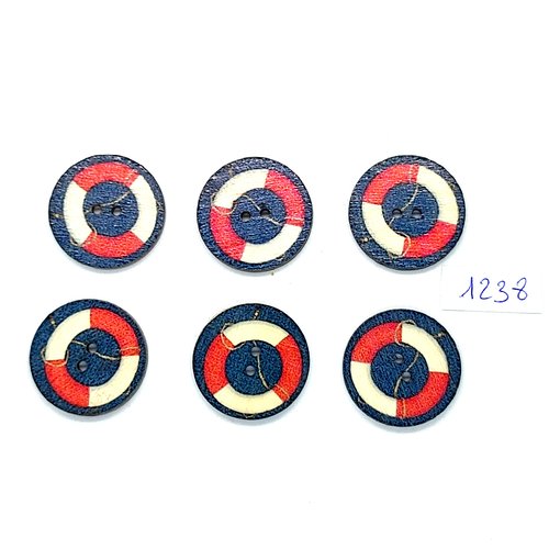 6 boutons fantaisies en bois fond bleu rouge et blanc - une bouée - 25mm - bri1238