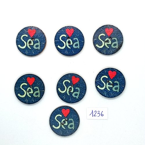 7 boutons fantaisies en bois fond bleu - coeur rouge - sea - 25mm - bri1236