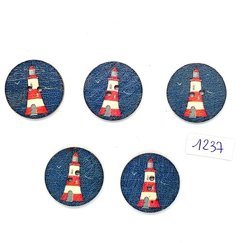 5 boutons fantaisies en bois fond bleu blanc et rouge - un phare - 25mm - bri1237