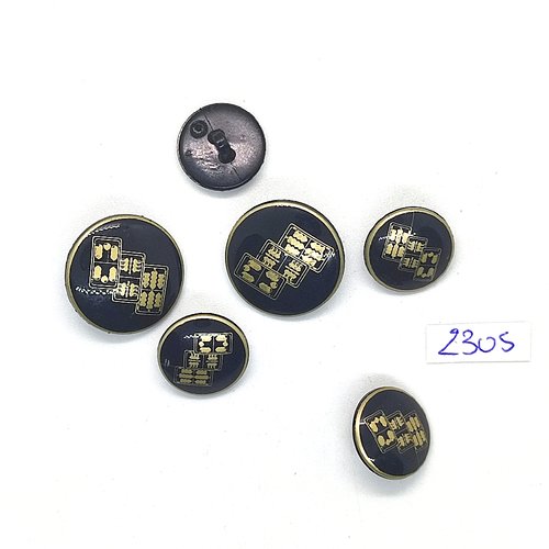 6 boutons en résine noir et doré - 20mm  et 15mm - tr2305