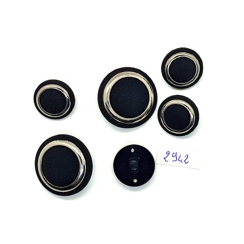6 boutons en résine et tissu argenté et noir - 28mm et 19mm - tr2942