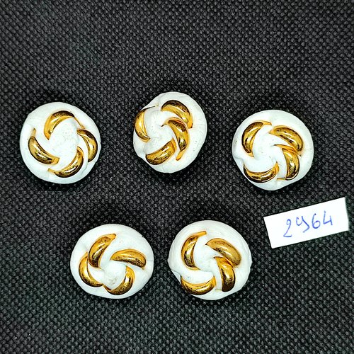 5 boutons en résine blanc et doré - 22mm - tr2964