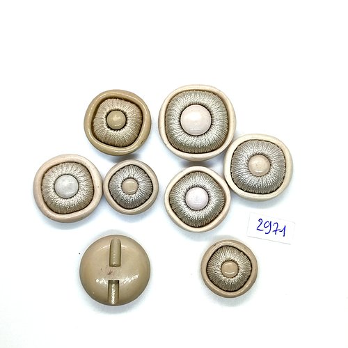8 boutons en résine et passementerie gris / beige - 32mm - 28mm et 22mm - tr2971