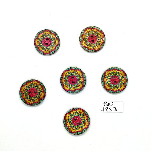 6 boutons en bois multicolore - 20mm - bri1253