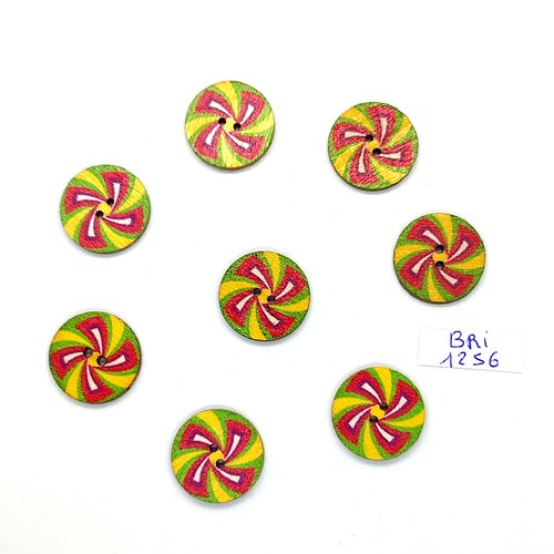 8 boutons en bois jaune vert et rouge - 20mm - bri1256