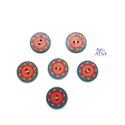 6 boutons en bois bleu et rose - 20mm - bri1257