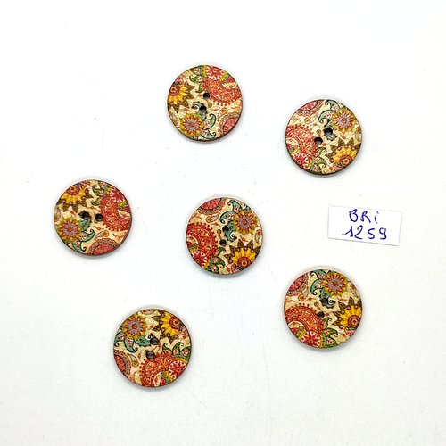 6 boutons en bois fleur multicolore - 20mm - bri1259