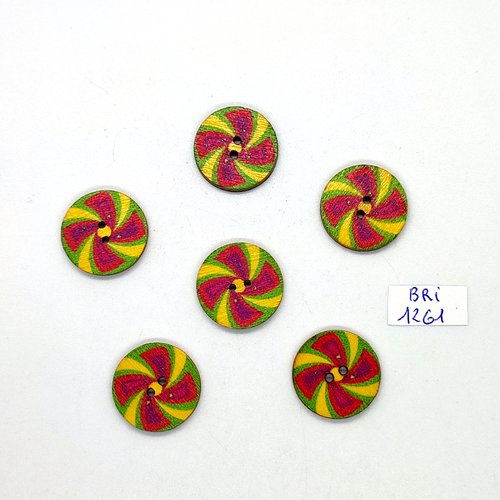 6 boutons en bois jaune vert et bordeaux - 20mm - bri1261
