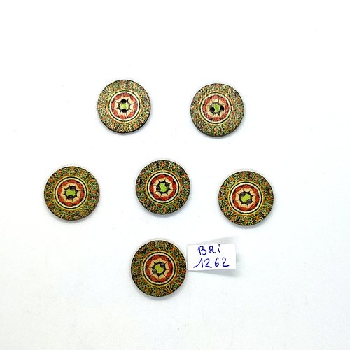 6 boutons en bois vert et rouge - 20mm - bri1262