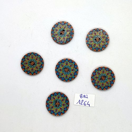 6 boutons en bois bleu et multicolore - 20mm - bri1264