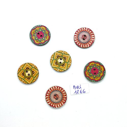 6 boutons en bois multicolore - 20mm - bri1266