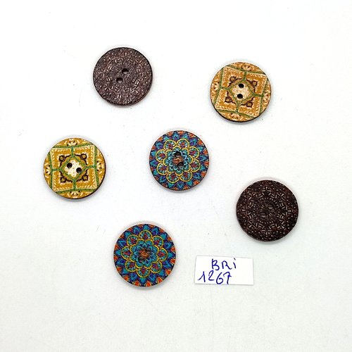 6 boutons en bois multicolore - 20mm - bri1267