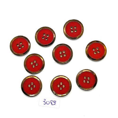 9 boutons en métal doré et résine rouge - 20mm - tr3089