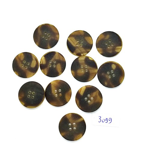11 boutons en résine marron et jaune /  vert derrière - 23mm - tr3099