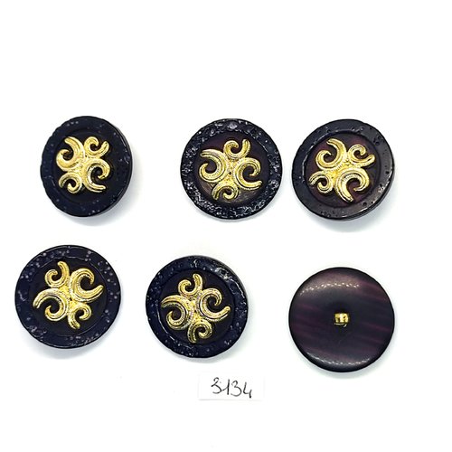 6 boutons en résine noir et doré - 30mm - tr3334