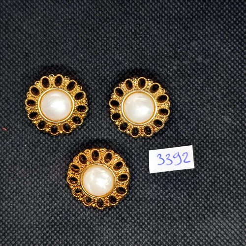 3 boutons en résine doré et blanc - 19mm - tr3392