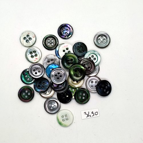 30 boutons en nacre gris / noir - 13mm - tr3490