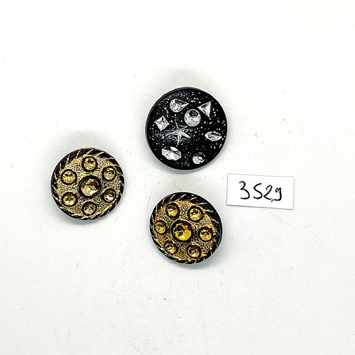 3 boutons en résine noir et doré - 21mm et 23mm - tr3529
