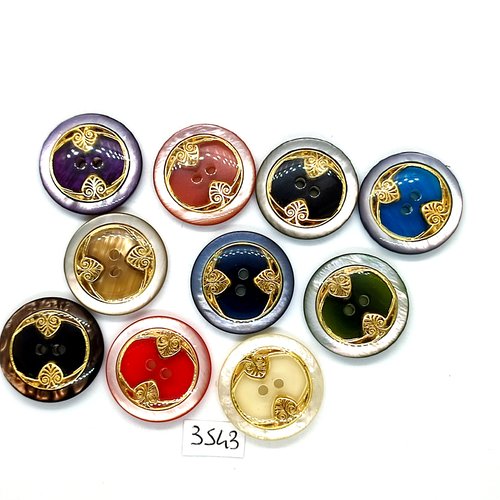 10 boutons en résine doré et multicolore - 26mm - tr3543