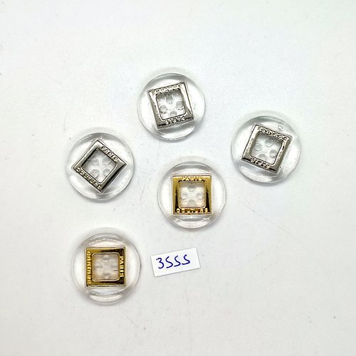 5 boutons en résine transparent argenté et doré - 23mm - tr3555