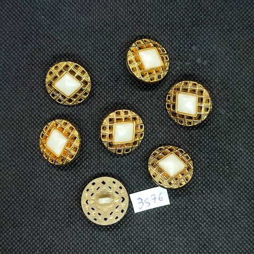 7 boutons en résine doré et blanc - 21mm - tr3576