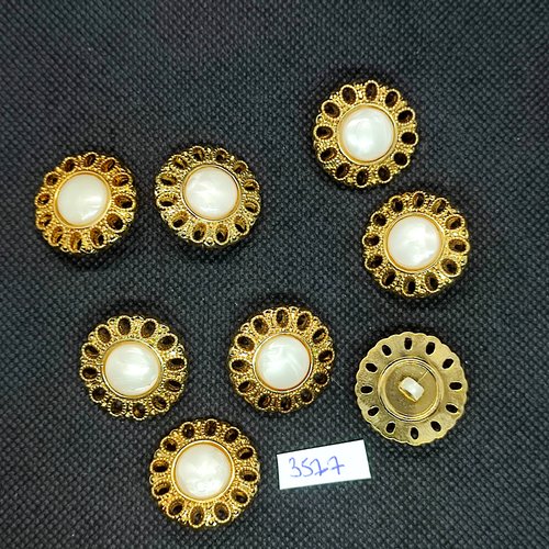 8 boutons en résine doré et blanc - 24mm - tr3577