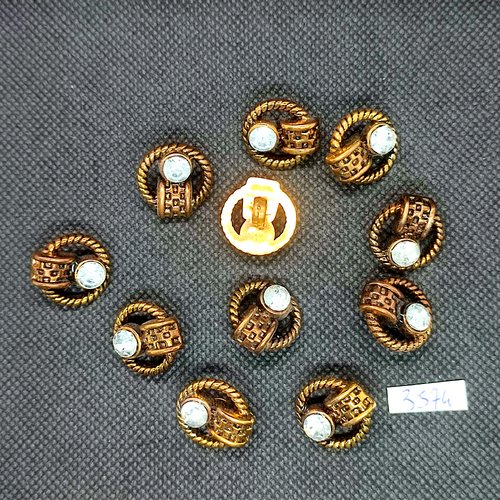 10 boutons en résine doré et blanc + strass - 18mm - tr3574bis