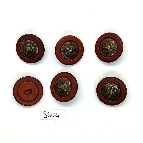 6 boutons en cjuir marron et métal bronze - 23mm - tr3504