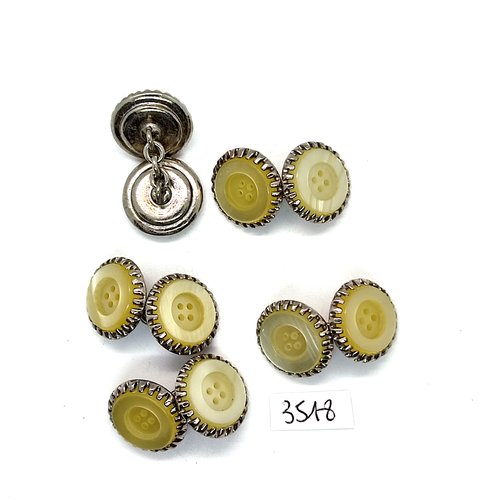 5 boutons en métal argenté et blanc avec une chainette - 18mm - tr3518