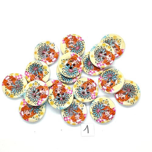 18 boutons en bois multicolore - 20mm