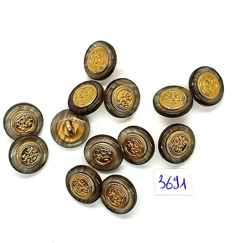 13 boutons en résine gris transparent et doré - 15mm - tr3691