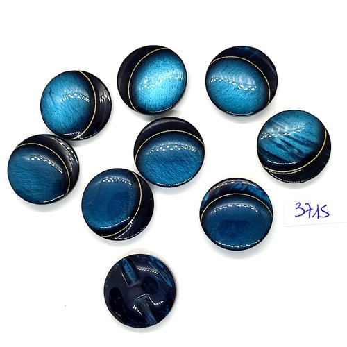9 boutons en résine bleu avec liserai doré - 23mm - tr3715