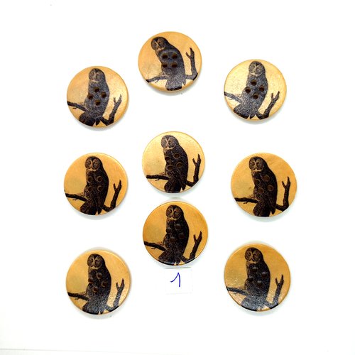 9 boutons fantaisie en bois noir et fond beige (chouette) - 30mm