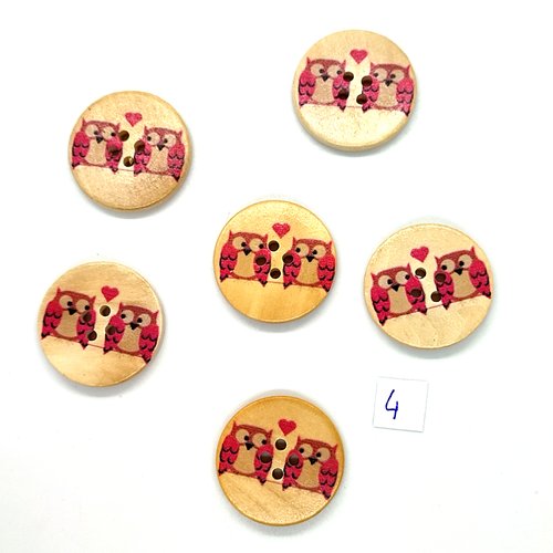 6 boutons fantaisie en bois rose et fond beige (chouette) - 30mm