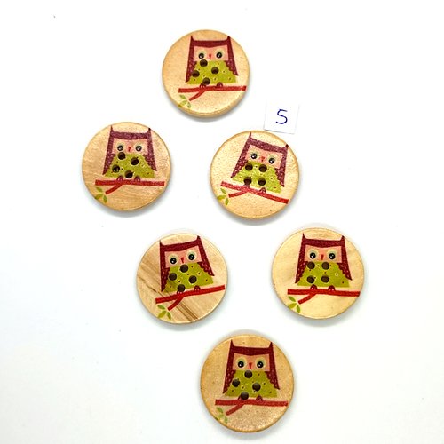 6 boutons fantaisie en bois multicolore et fond beige (chouette) - 30mm