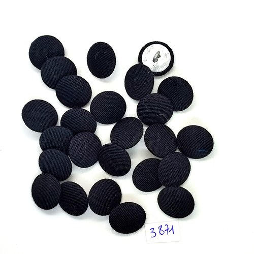 25 boutons en métal argenté dessous et tissu noir - 18mm - tr3871