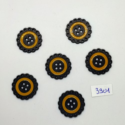 6 boutons en métal noir et jaune - 27mm - tr3901