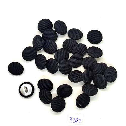 32 boutons en tissu noir et métal argenté - 14mm - tr3925