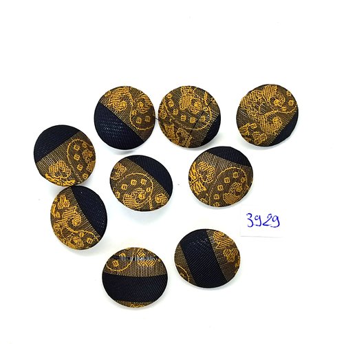 9 boutons en tissu or et noir et métal argenté - 22mm - tr3929