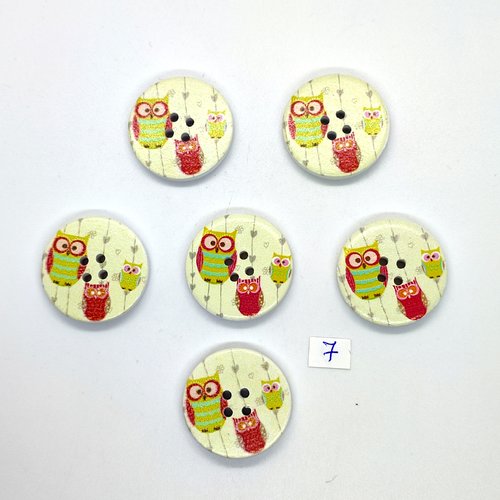 6 boutons fantaisie en bois multicolore (chouette) - 30mm - 7