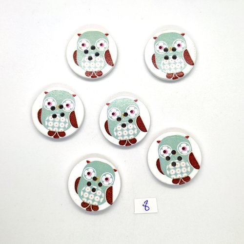 6 boutons fantaisie en bois vert d'eau (chouette) - 30mm - 8